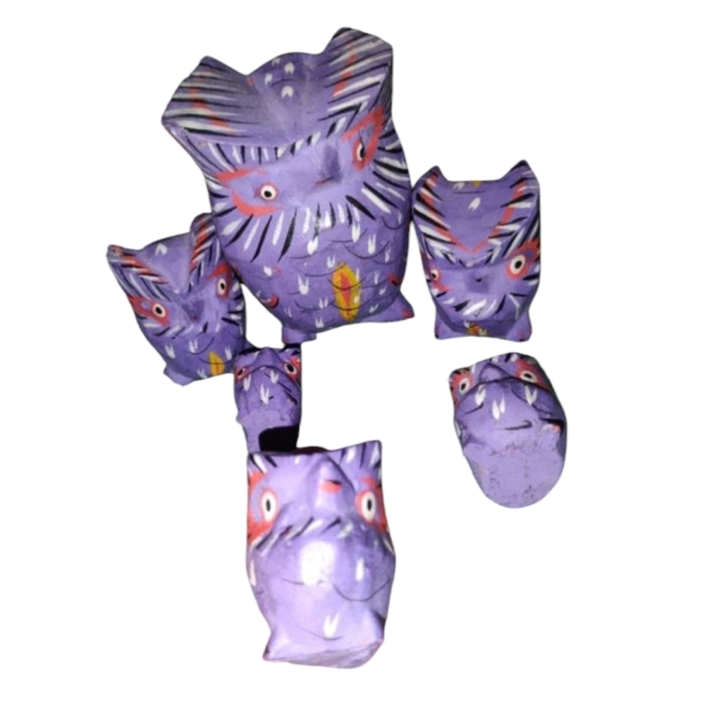 Purple Owl Hand Painted Wooden Figurine 6pc Set